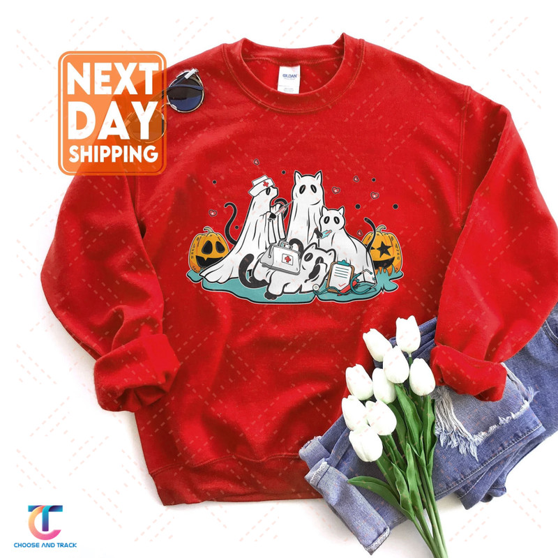 Nurse Black Cats in Ghost Costume - Cute Women Halloween Sweatshirt, Cat Lovers, Night Shirt, Cat Murder Halloween Hoodie, Funny Halloween - 1.jpg