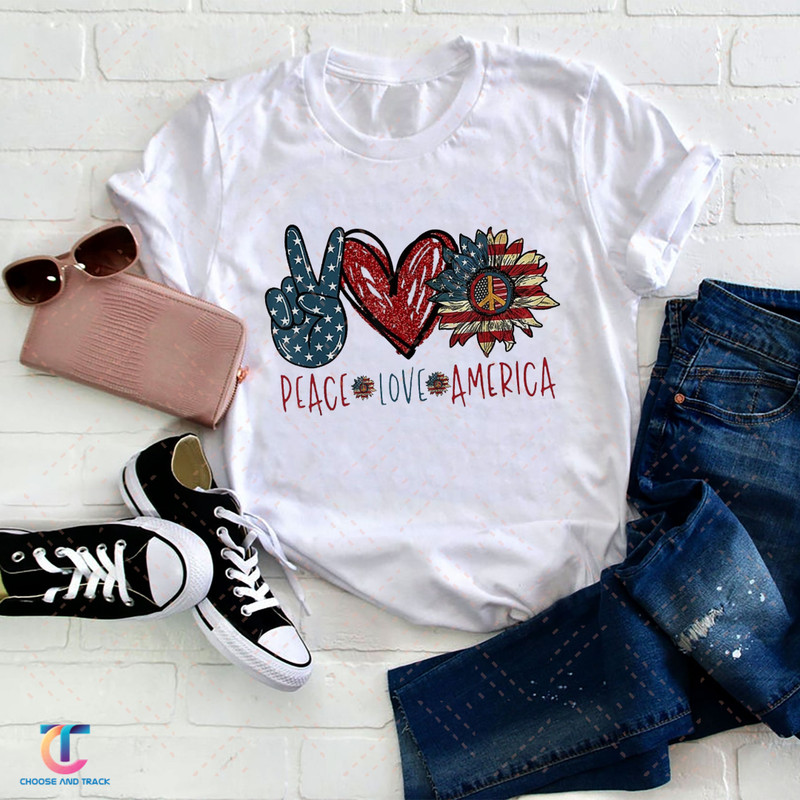 Peace Love American Tshirt, American Flag Sunflower, 4th of July Peace Shirt, Patriotic Sunflower Tee, Peace Love American T-Shirt - 1.jpg