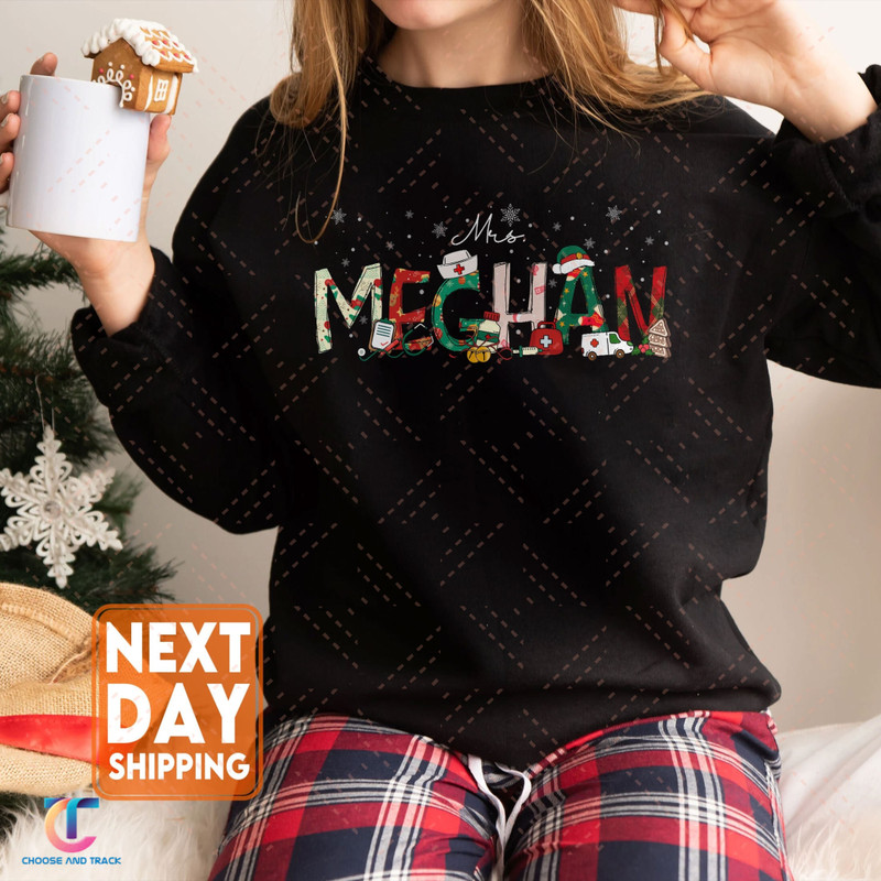 Personalized Christmas Nurse Sweatshirt, Christmas Doodle Letters, Nurse Life Tee, Custom Name Nurse Christmas Crewneck, ICU Nurse Shirt - 1.jpg