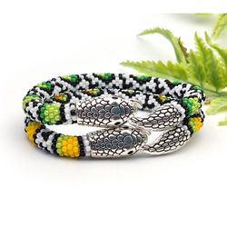 Stylish Beaded Snake Bracelets - Green and Yellow - Ouroboros Serpent Jewelry, Handmade Bracelets, Unisex Jewelry