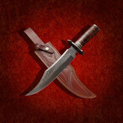 custom handmade bowie damascus steel  hunting knife with leather sheath hunting knife  hand forged mk5093m
