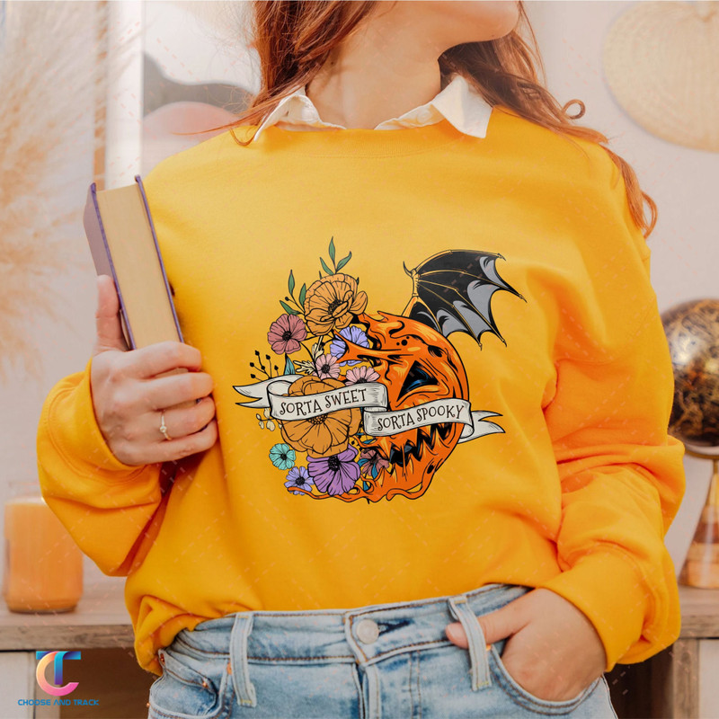 Sorta Sweet Sorta Spooky Crewneck, Flower Skull Sweatshirt, Halloween Shirt, Skeleton Tee, Spooky Season Hoodie, Flower Pumpkin - 4.jpg
