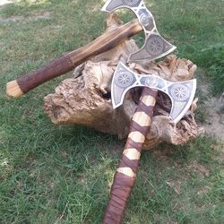 hand forged double-headed bearded axe, viking throwing axe, norse axe, celtic axe, gift for men, scandinavian style axe.