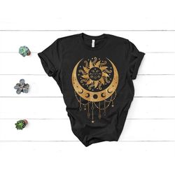 sun moon stars tee,celestial tee,moon phases shirt,sun shirt,one with the sun,boho shirt,vintage sun tee,mystical tee,mo