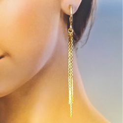Gold chains long tassels dangle earrings. Multichain trendy hoop fringe earrings. Sparkly minimal Korean earrings.