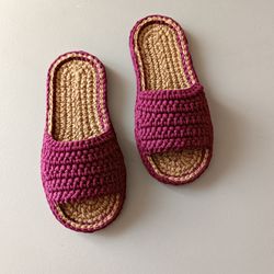 Womens hemp slippers Viva magenta color Natural shoes Cotton knitted slides Handmade
