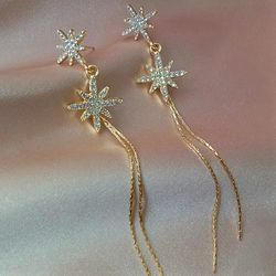 Bridal crystal stars gold chain tassels earrings. Minimalist long sparkly jewelry. Korean  dangle earrings.