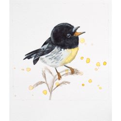 Tomtit bird original watercolor painting new zealand little yellow black songbird wall art titmouse nursery wall decor