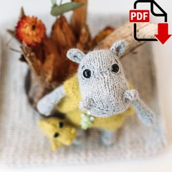 White and gray Hippo knitting pattern. Basic set of removable clothes. Amigurumi Hippopotamus DIY knitting tutorial.