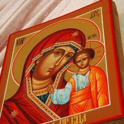 Virgin Mary Icon on wood Hand Painted Orthodox collectible religious art gift