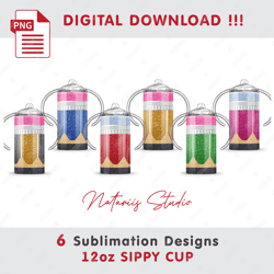6 Glitter Pencils Sublimation Designs - Seamless Sublimation Patterns - 12oz SIPPY CUP - Full Cup Wrap