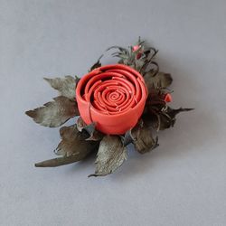 Red rose leather brooch 3rd anniversary gift for wife, Leather women's jewelry