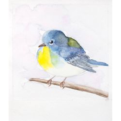 Northern Parula warbler bird original watercolor painting american little songbird art fluffy bird nursery wall decor