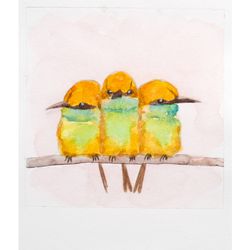 Three green bee eaters original watercolor painting little yellow birds wall art tropical exotic bird nursery wall decor