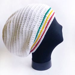 Handmade Crochet Rasta Hat Beret for Dreadlocks. Hand knitting! White cap Reggae style