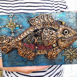 Steampunk Fish - small 3D art, cool gift for fisherman, industrial art, wall decor, mechanical animal, nautical theme