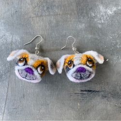 Cute pug dog earrings for women Needle felted wool funny bulldog Handmade animal jewelry Pug lover gift for girl