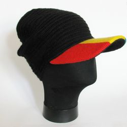 Crochet Rasta Hat for Dreadlocks. Black Cap with visor. Hand knitting! Reggae style Green Yellow Red