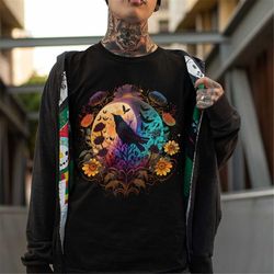 witchy crow clothing, flowers and moon t shirt, alt clothes, celestial shirt, moon tshirt