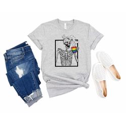 skeleton drinking coffee rainbow flag shirt, lgbtq pride shirt, rainbow lgbt shirt, skeleton coffee shirt, messy bun lgb