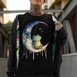 frog tshirt, alt clothing, trippy cottagecore, weirdcore moon t-shirt, frog tee, cosmic & psychedelic, stoner girl cloth