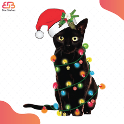 christmas cat svg, animal svg, black cat svg, santa hat svg, christmas light svg, cat