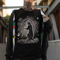 witchy black cat t shirt, alt clothing, cosmic witch shirt, goth shirts, grunge clothing, space cat shirt, unisex fit.