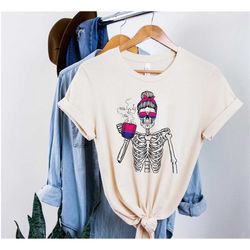messy bun skeleton drinking coffee bisexual flag shirt, lgbtq pride shirt, bisexual shirt, bisexual gift, bisexual outfi