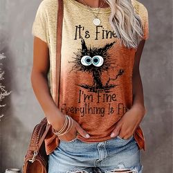Crew Neck Short Sleeve T-Shirt, Letter & Cat Print T-Shirt,Casual Every Day Tops, Women's Clothing