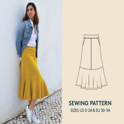 skirt pdf sewing pattern, midi skirt for sewing, sizes us 0-24/eu 30-54, instant download easy project for beginners