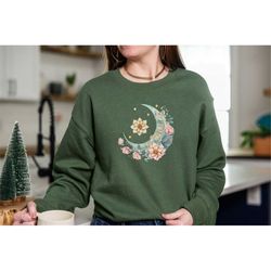 floral moon sweatshirt, youth crewneck sweatshirt, floral moon pullover, floral unisex sweater, gift for her