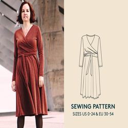 wrap dress sewing pattern, sewing video tutorial, sizes us 0-24 / eu 30-54, dress pdf pattern