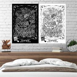 scorpio wall hanging tapestry print, witchy zodiac tapestry, occult decor, astrology, star sign art print, poster, boho