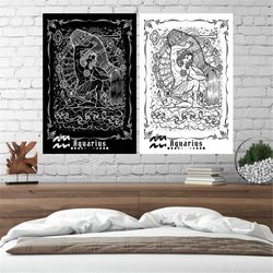 wall hanging aquarius tapestry print, witchy zodiac tapestry, occult decor, astrology, star sign, art print, poster, boh