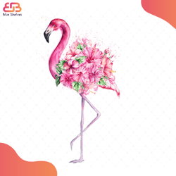 watercolor pink flamingo with tropical flowers svg, flower svg, pink flamingo svg, tr