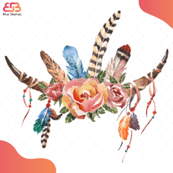 boho spring flowers and feathers svg, flower svg, feathers svg, spring flowers svg, b