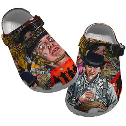 a clockwork orange clog shoes unisex, a clockwork orange crocs, clockwork orange sandals, movie clog shoes, movie crocs