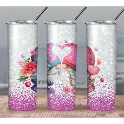 silver,pink valentine's glitter gnome tumbler, 20 oz skinny tumbler, custom tumbler, personalized tumbler, sublimation t