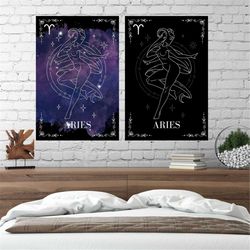 aries zodiac print. tapestry aesthetic. wall hanging for bedroom. divine feminine boho decor. zodiac constellations. moo