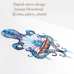 Octopus Tattoo Design Seashell Tattoo Designs Octopus Tattoo Sketch Ideas Feminine, Instant download JPG, PNG