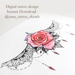 Rose Tattoo Design Ornamental Underboob Tattoo Designs Ornamental Under Chest Tattoo Sketch, Instant download PNG, JPG