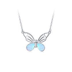 Butterfly necklace, Sterling silver, Synthetic opal pendant, Gift for woman, Insect lover gift