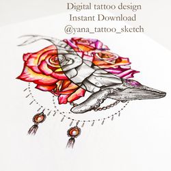 Whale Tattoo Designs Whale Flowers Roses Tattoo Sketch Blue Whale Tattoo Ideas , Instant download JPG, PNG