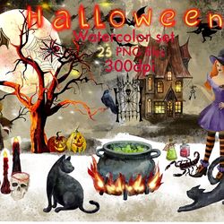 watercolor halloween clipart, halloween png, witch on broomstick, haunted house, pumpkins, cat, hat, broomstick