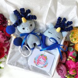 Baby gift box unicorn dark blue. Baby rattle unicorn, stroller toy.Gift set for newborns. Crochet baby unicorn. Baby set