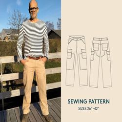 cargo pants pdf sewing pattern, work pants sewing pattern, sizes 26-42", instant download