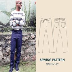 jeans sewing pattern and video tutorial, size 26"- 42", men's baggy five pocket jeans pdf sewing pattern