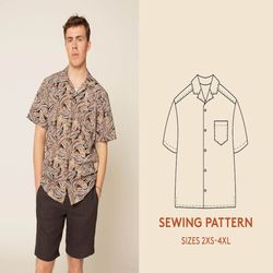 tropical shirt sewing pattern and video tutorial, men's sizes 2xs-4xl, bowling shirt pdf sewing pattern
