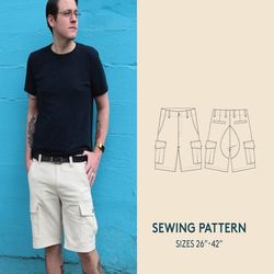 cargo shorts sewing pattern and video tutorial, sizes 26-42", mens sewing pattern, utility shorts with pockets
