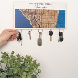 Wooden Key Holder, Personalized Key Holder for Wall, Custom Wedding Gifts, New Home Gift, City Map, Xmas Gift